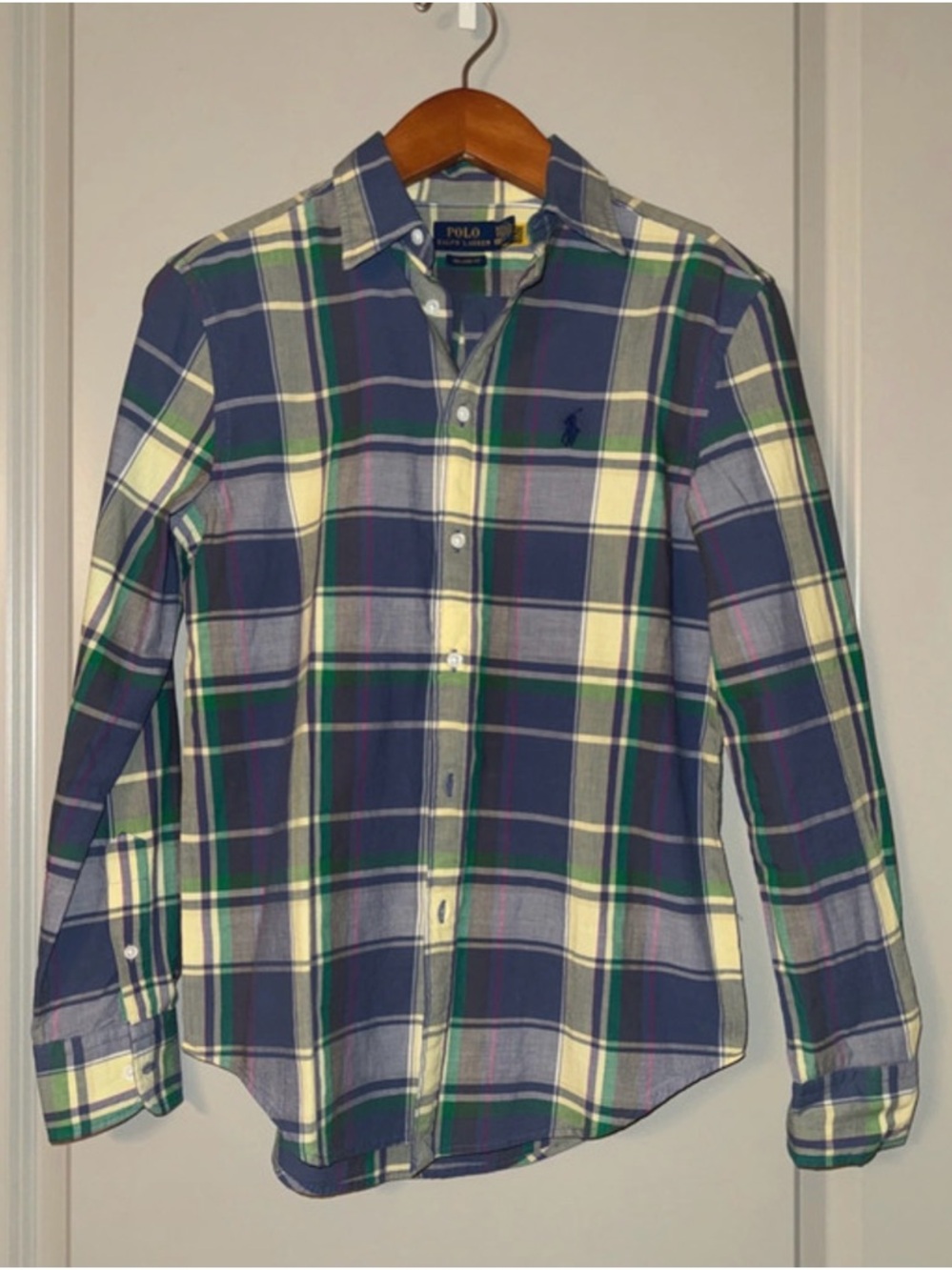 Ralph Lauren Women's Blue, Yellow & Green Plaid Button-Down Shirt XXS